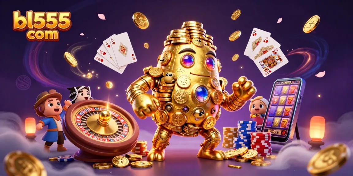 Experience thrilling gameplay with bl555 com, illustrated via enchanting golden golem and casino elements.