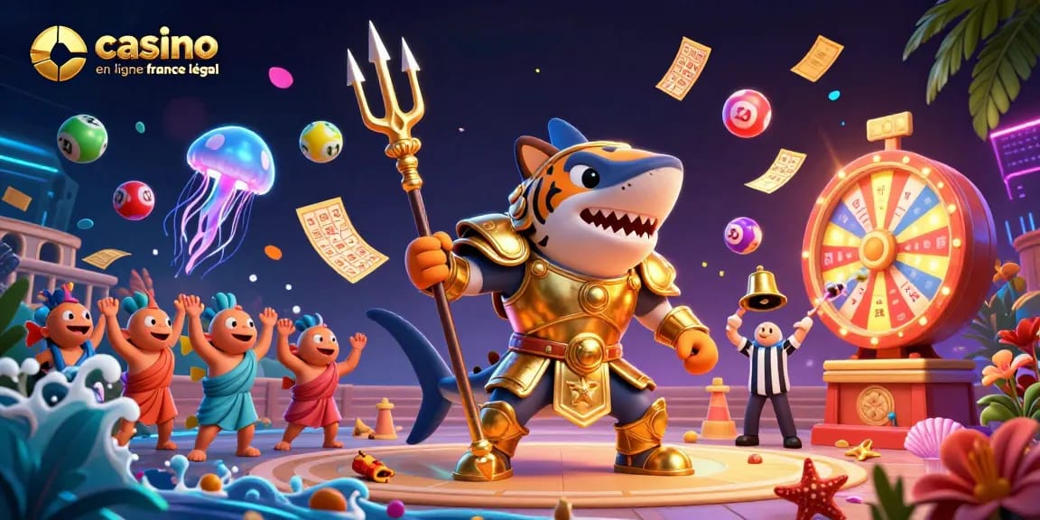 Une scène animée de casino en ligne France légal mettant en vedette un requin tigre, des boules de loterie et des tickets en or.