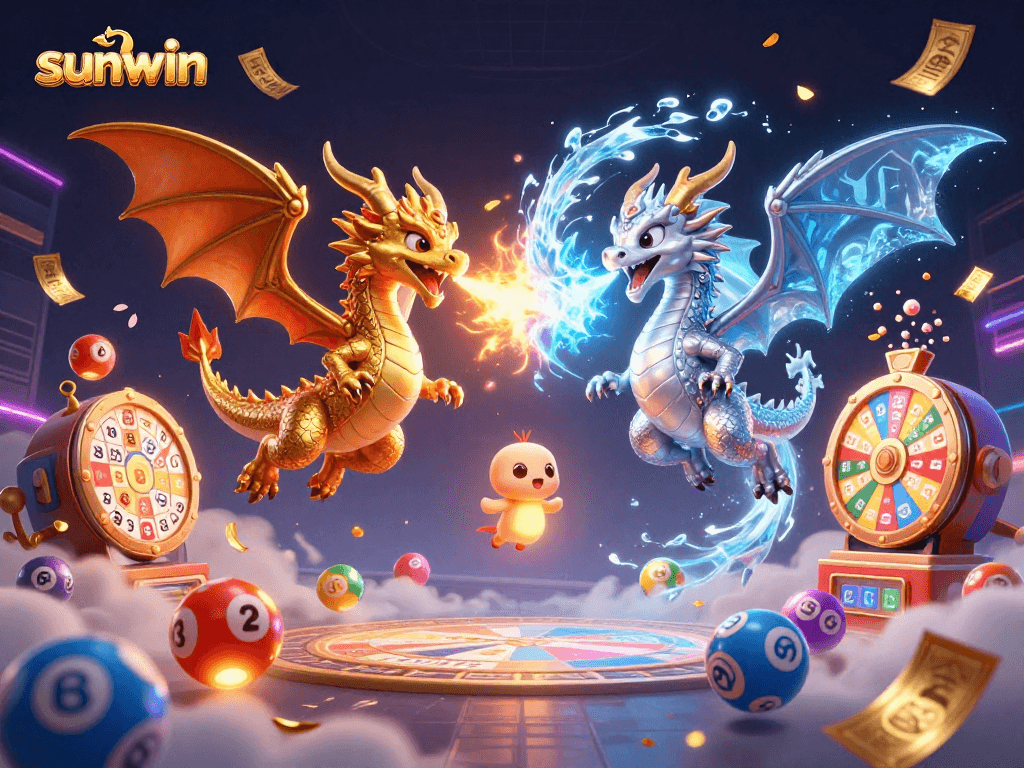 Play and win big at sunwin with dragons, colorful lottery balls, and rich casino elements.