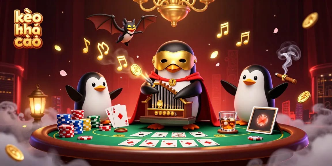 Experience kèo nhà cái with a vibrant 3D casino scene featuring a penguin organist amidst poker action.
