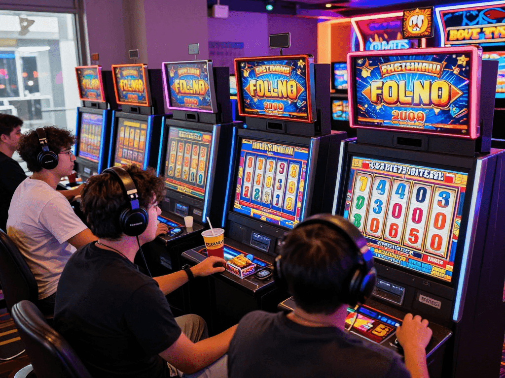Engaged players enjoying the thrill of slot gacor in a lively online casino setting, filled with vibrant colors and gaming accessories.