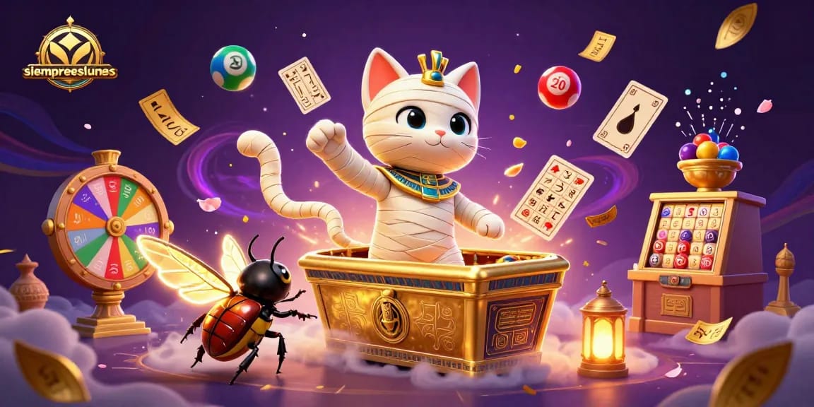 Experience exciting gaming thrills with siempreeslunes as mummies, jackpots, and lottery fun come alive in vibrant casino illustration.
