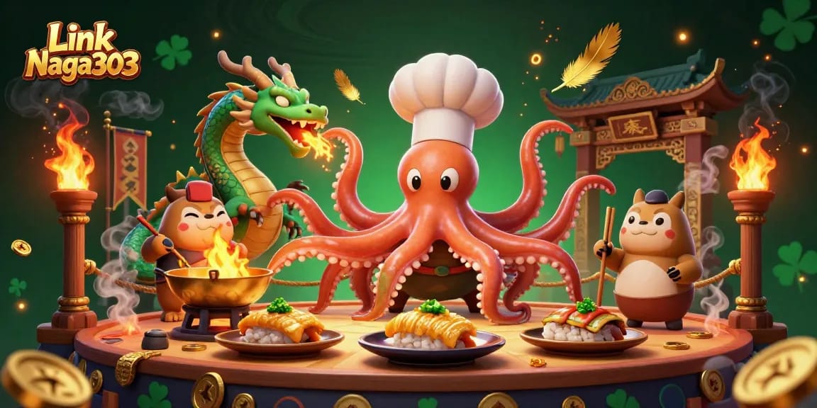 Engage with the thrilling experience of Link Naga303 as a sushi chef octopus prepares golden dishes amidst fire and fortune.
