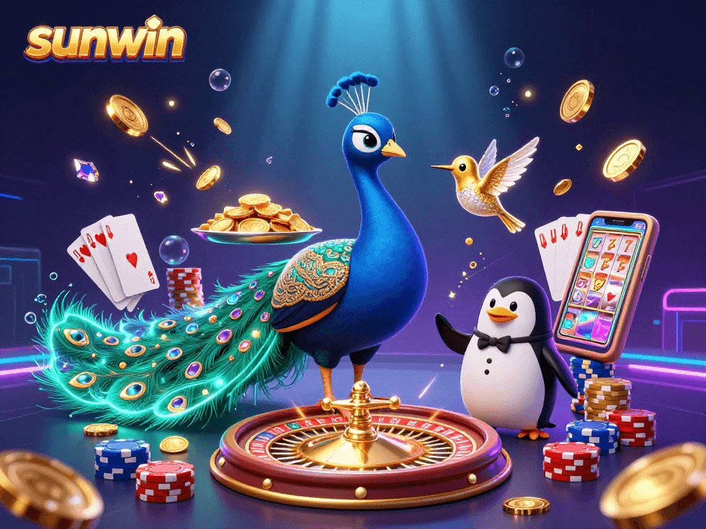 Experience sunwin's vibrant casino world with a peacock, penguin, and hummingbird amidst golden chips and coins.