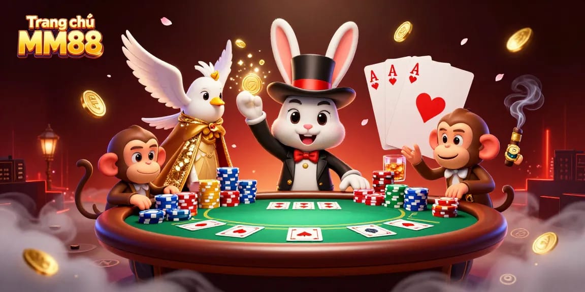 Experience magic at Trang chủ MM88 where a cartoon magician unveils golden coins amid vibrant casino action.
