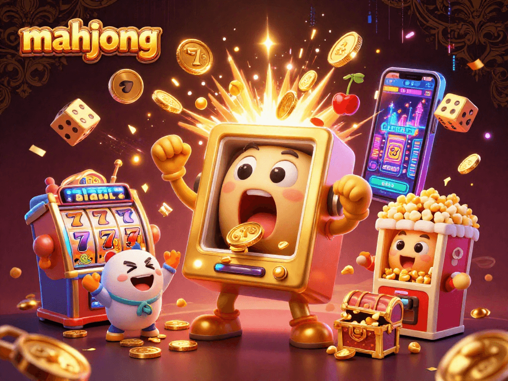 Engaging mahjong-themed illustration showcasing a golden slot machine winning a jackpot amidst energetic casino elements.