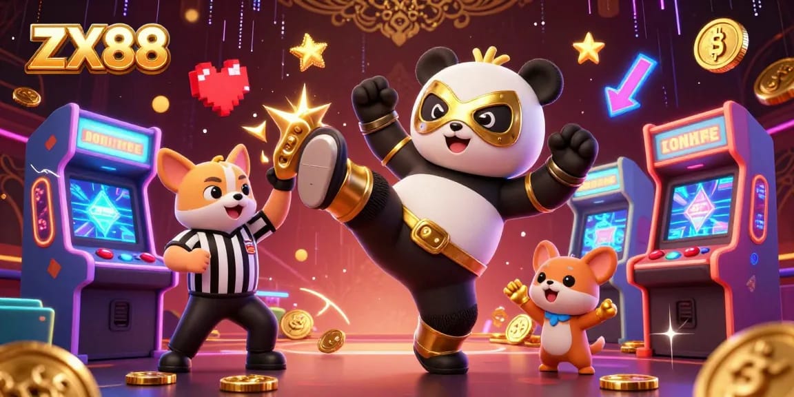 Experience the excitement of ZX88 as a panda wrestler performs a spectacular kick in a vibrant casino-themed illustration.