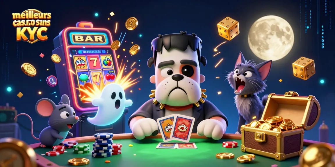 Découvrez les meilleurs casinos sans KYC avec une illustration vibrante de jeux d'argent animés.