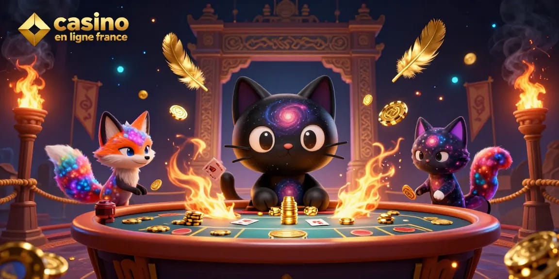 Visualisez un casino en ligne France avec des personnages colorés et des jetons d'or en pleine action.