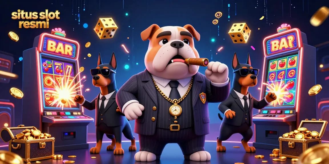 Experience thrilling jackpot wins at situs slot resmi with the dynamic scene of a mafia bulldog and his bodyguards.