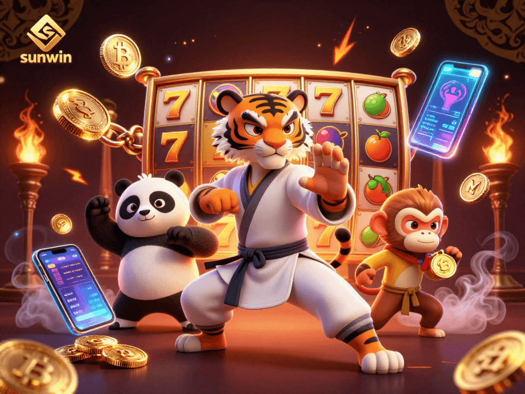 Experience thrills with sunwin as a kung fu tiger teaches slots mastery in a vibrant casino.