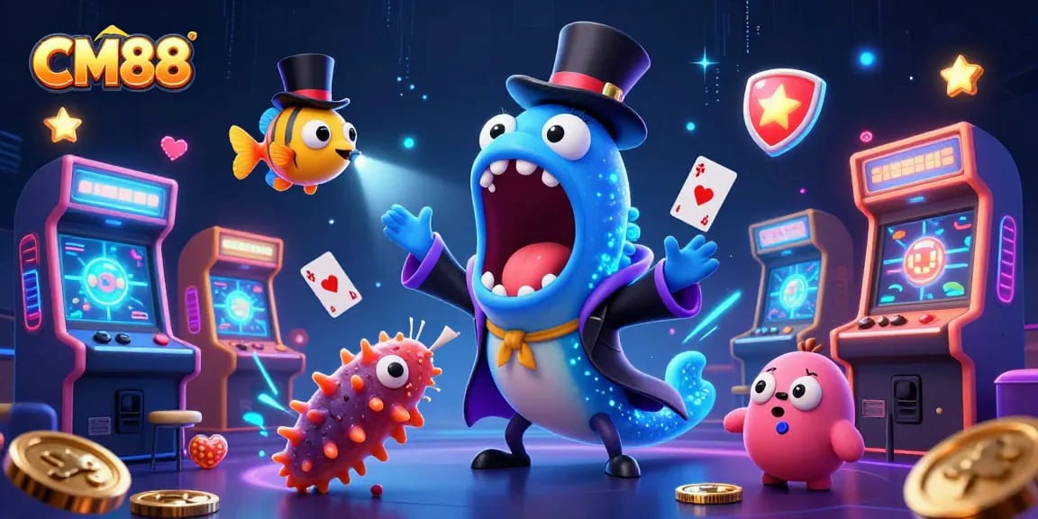 Experience CM88’s vibrant gambling scene with whimsical sea creatures and colorful gaming elements.