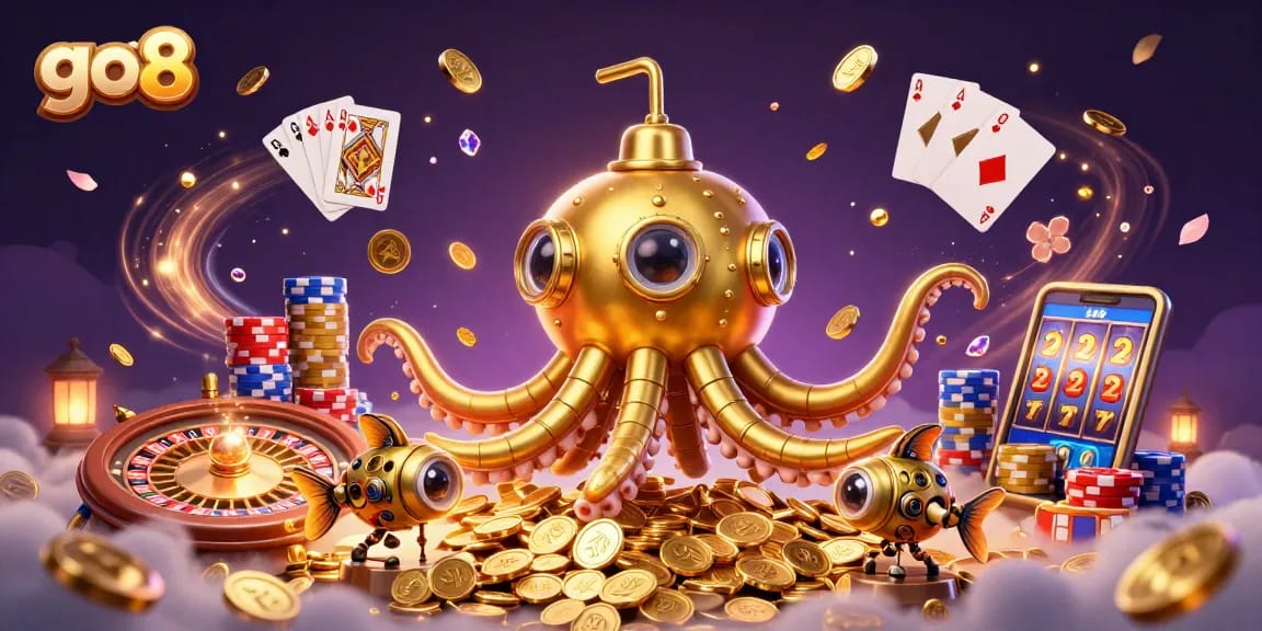 Play thrilling games at go8, featuring a golden kraken submarine and sparkling casino elements.