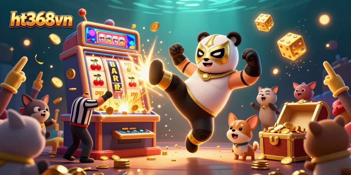 Experience excitement with ht368vn as the panda wrestler delivers a flying kick, amid vibrant casino elements.