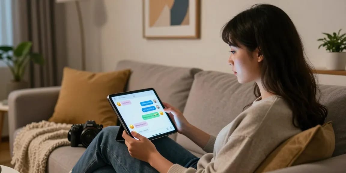 Engaging with an AI girlfriend on a tablet in a cozy living room setting, showcasing modern virtual relationships.