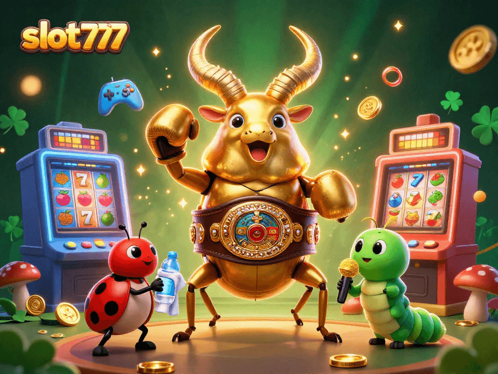 Engage with slot777's thrilling casino experience featuring vibrant slot machines, amid enchanting 3D characters in a dynamic scene.