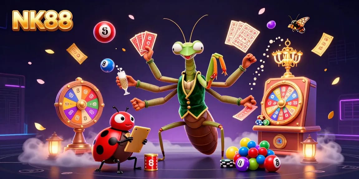 Experience excitement at NK88 with a vibrant casino scene showcasing a praying mantis card sharp and ladybug pit boss.
