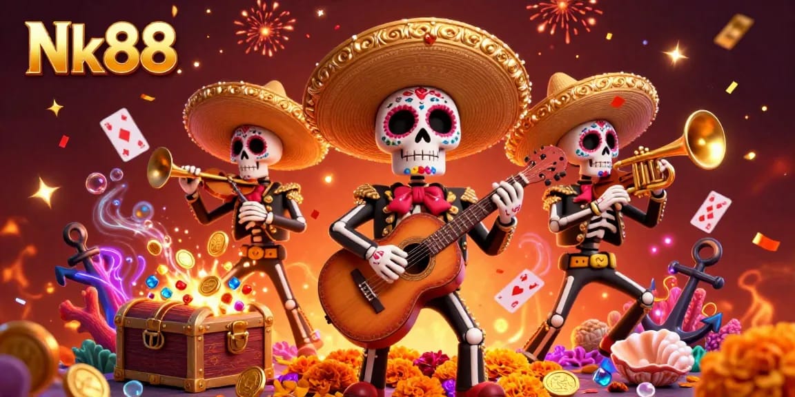 Engage with Nk88 in this vibrant casino-themed illustration of a Day of the Dead mariachi band amidst dazzling game elements.