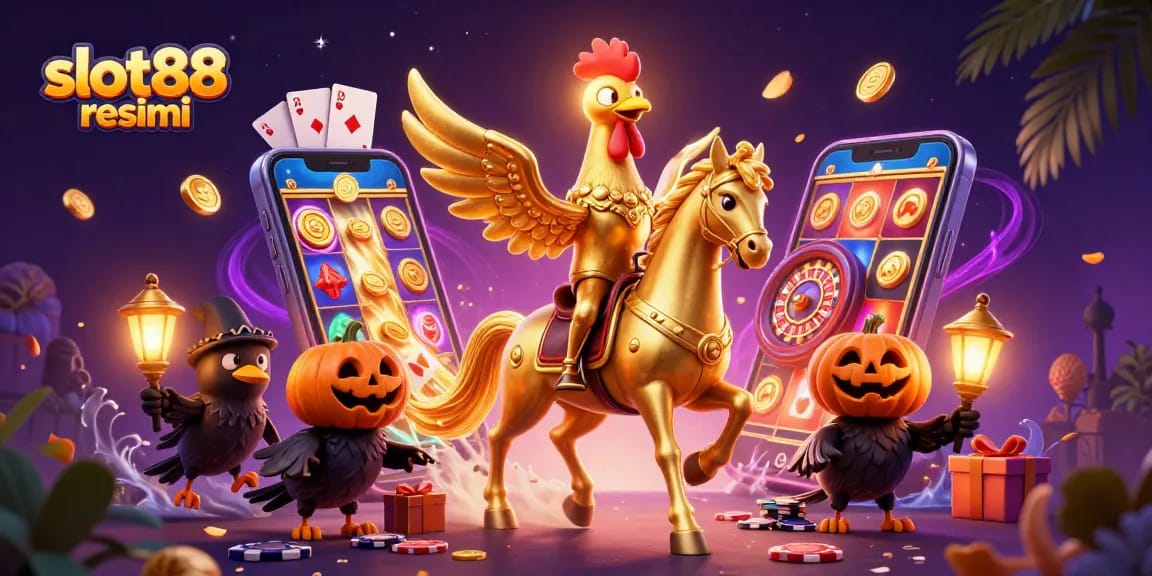 Engage with slot88 resmi in a vibrant casino scene featuring golden rooster and dynamic gaming elements.