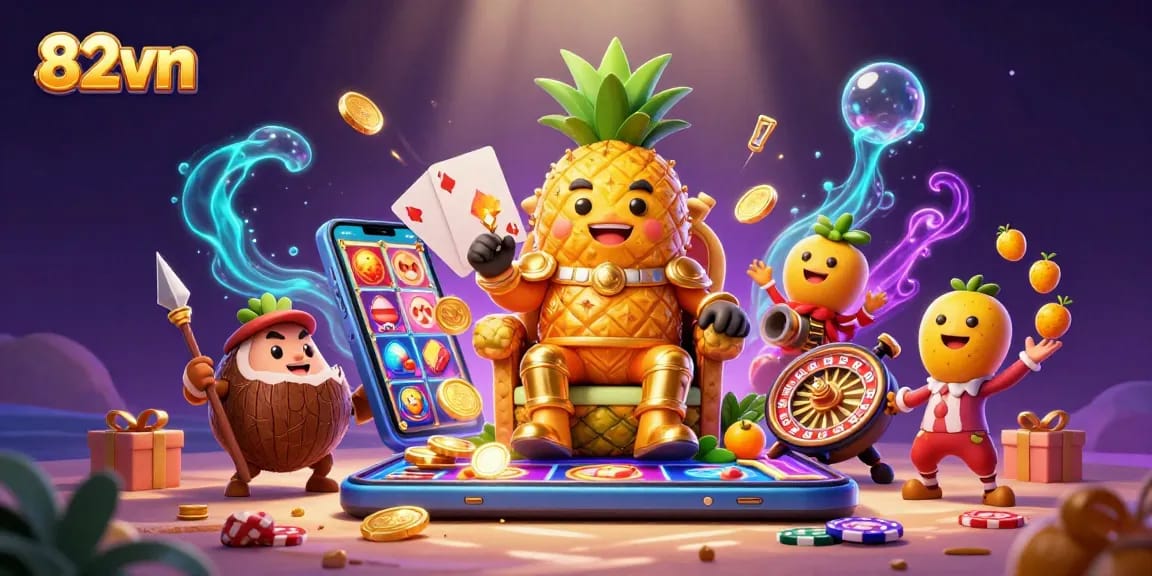 Engage in the thrilling world of 82vn as the golden pineapple king rules the beach casino with vibrant gaming elements.