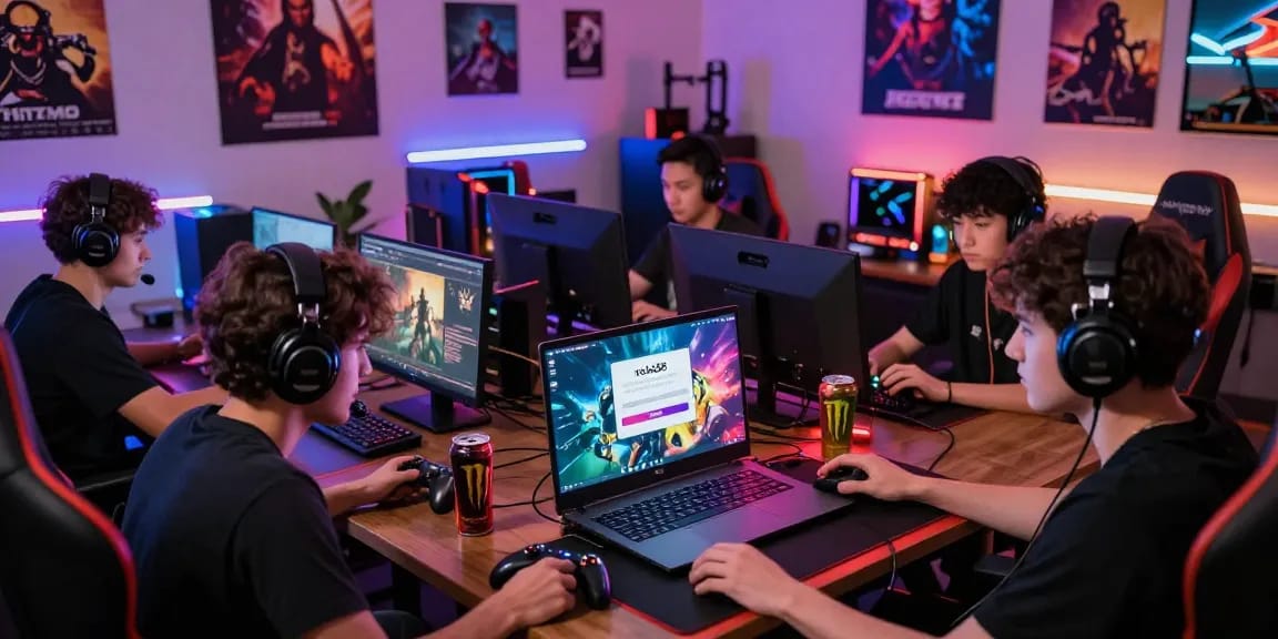 Players engaged in dynamic gaming with rokok88 login visible on laptop screens.