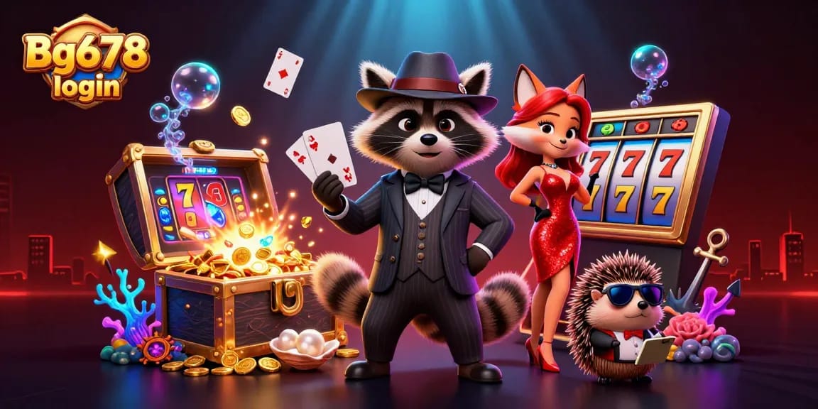 Join the fun with Bg678 login as a raccoon holds a royal flush amidst vibrant slot elements.