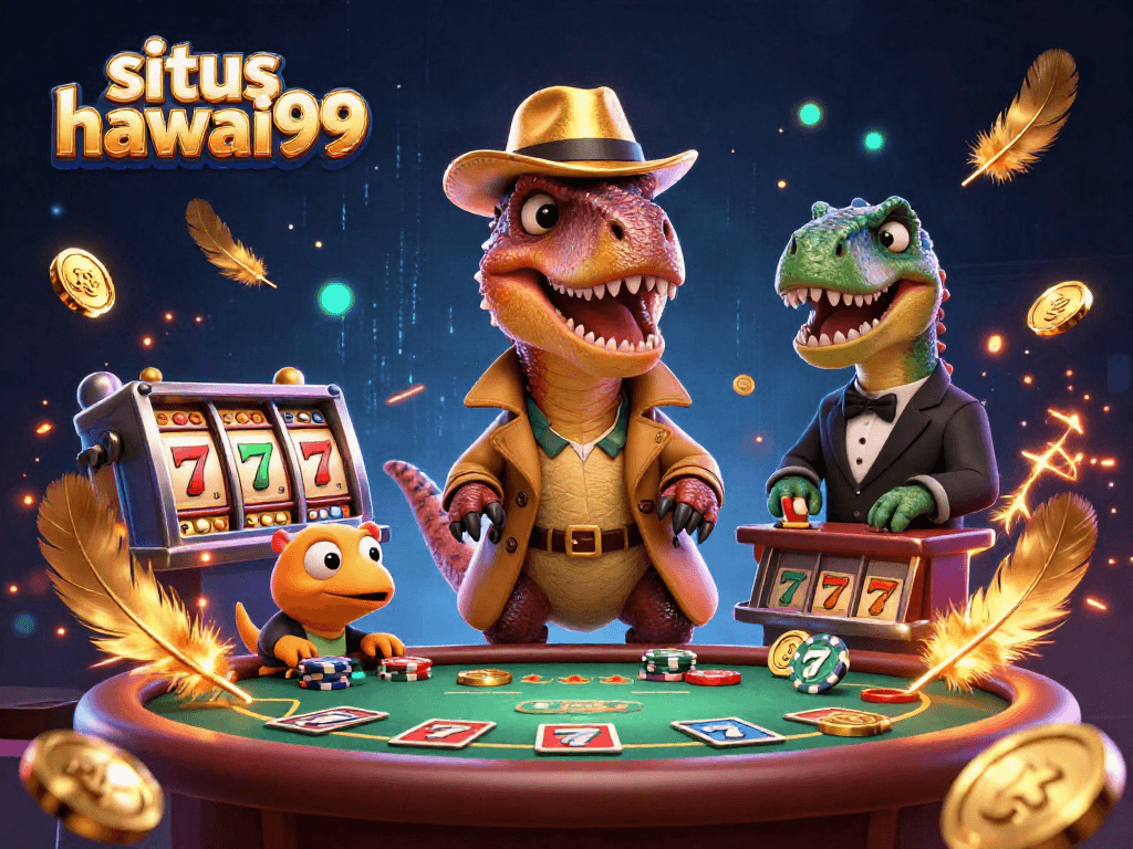 Watch the velociraptor card counter blend in at the situs hawai99 blackjack table amidst golden casino elements.