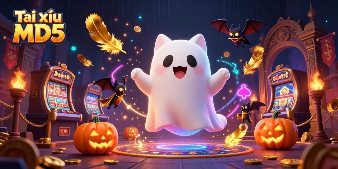 Tài xỉu MD5 brings excitement as a ghost cat interacts in a haunted casino scene.
