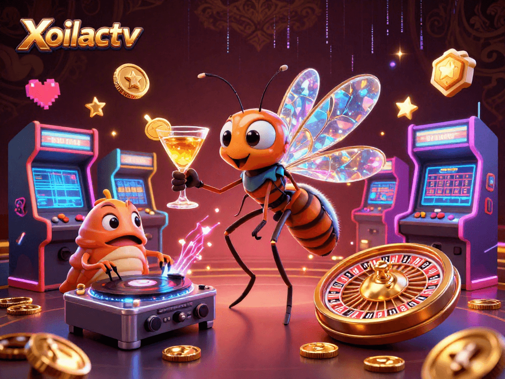 Xoilactv's dynamic casino scene features a frozen mosquito mascot and trilobite DJ with gaming elements.