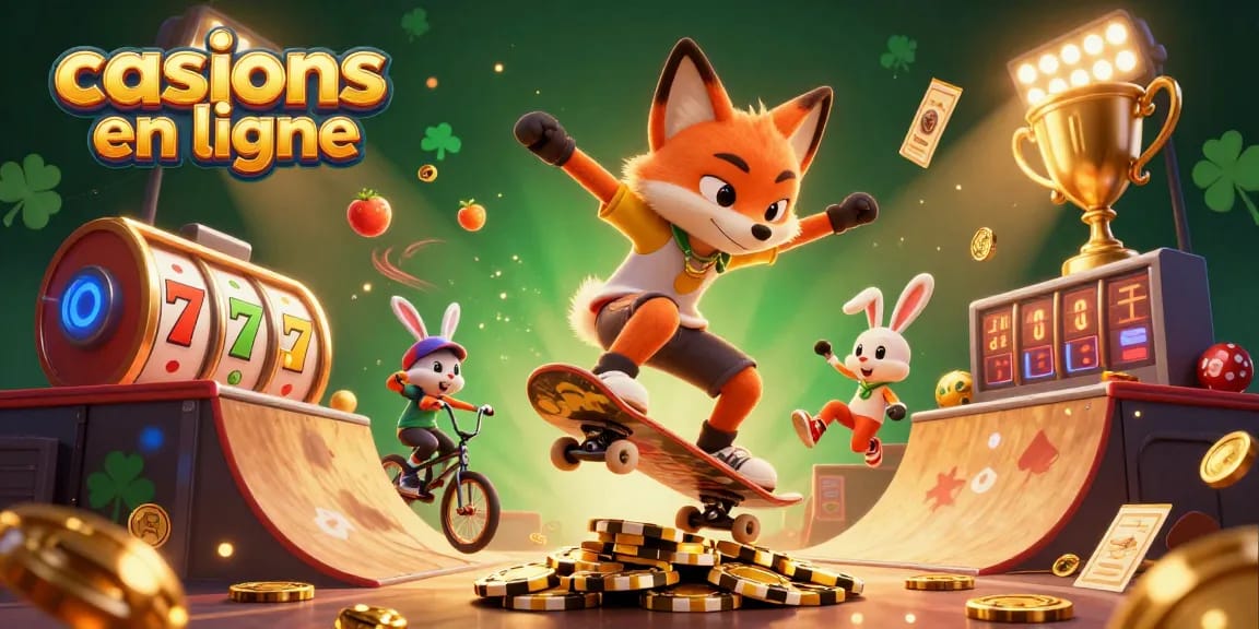 Jeux d'argent captivants dans les casinos en ligne avec un renard joueur et un compagnon en BMX.