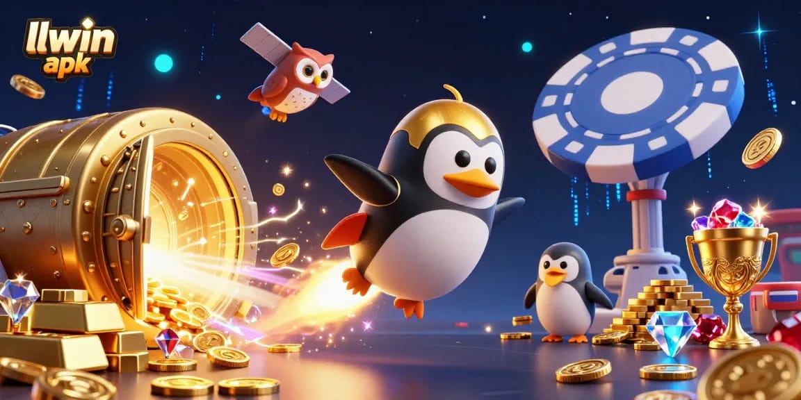 Experience the excitement of llwin apk with a golden penguin racing toward a dazzling casino.