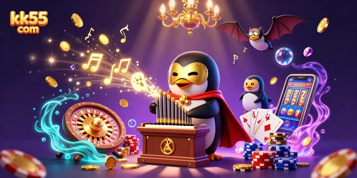 Experience the thrill at kk55 com with a cartoon penguin playing an organ shooting coins while acrobat bats fly.