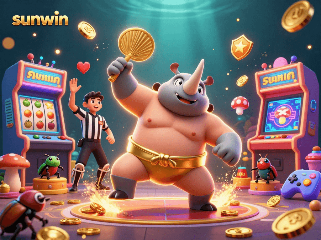 Experience sunwin's thrilling gameplay with vibrant characters, golden coins, and arcade elements in this 3D illustration.
