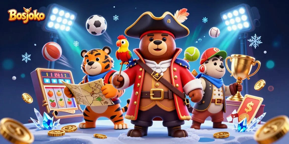 Engage in thrilling gaming at Bosjoko with cartoon pirate bear and tiger amidst flying sports elements.