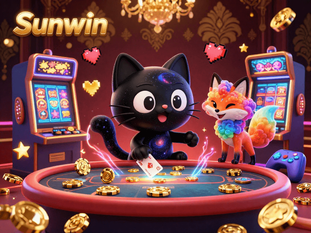 Experience the thrill of Sunwin with a cosmic casino scene featuring a black hole cat and nebula fox.