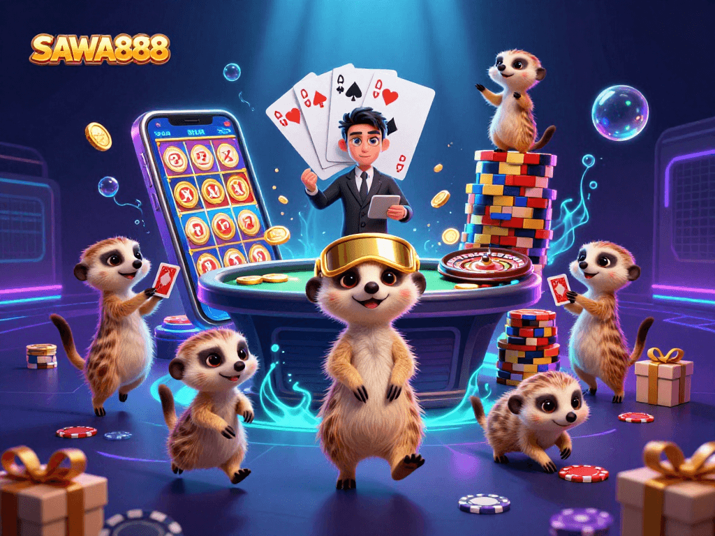 SAWA888 meerkats orchestrating a vibrant casino scene with slot games and chips.