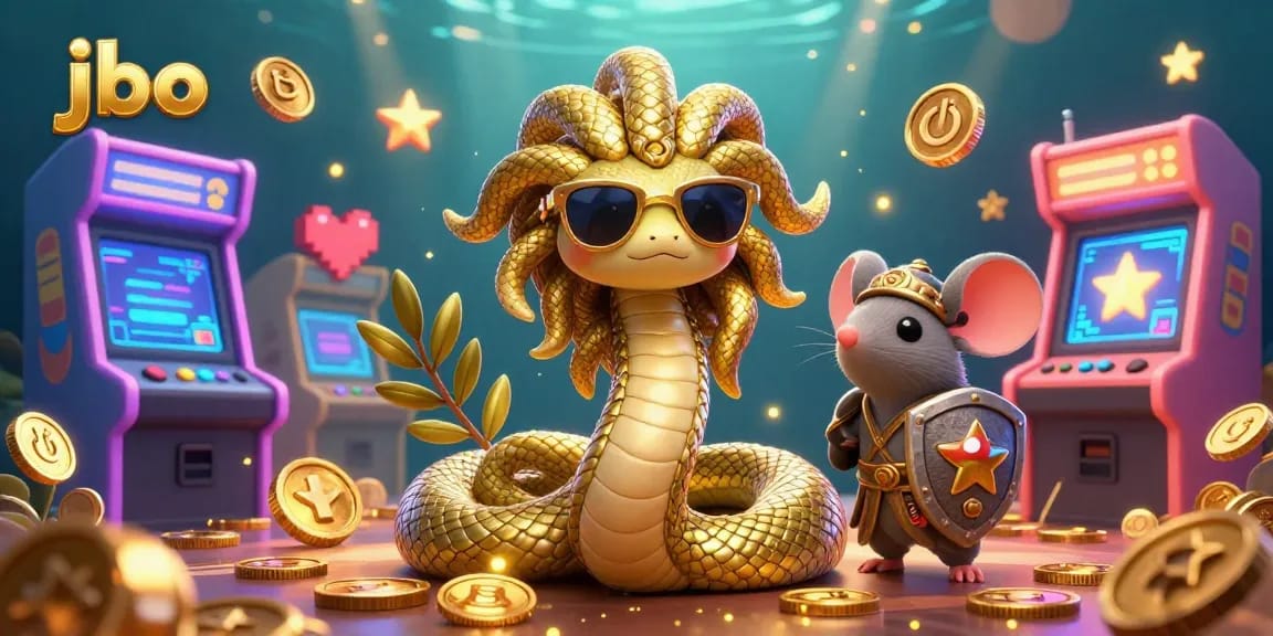 Engage with jbo's vibrant gaming world featuring Medusa and a warrior mouse in a golden arcade atmosphere.