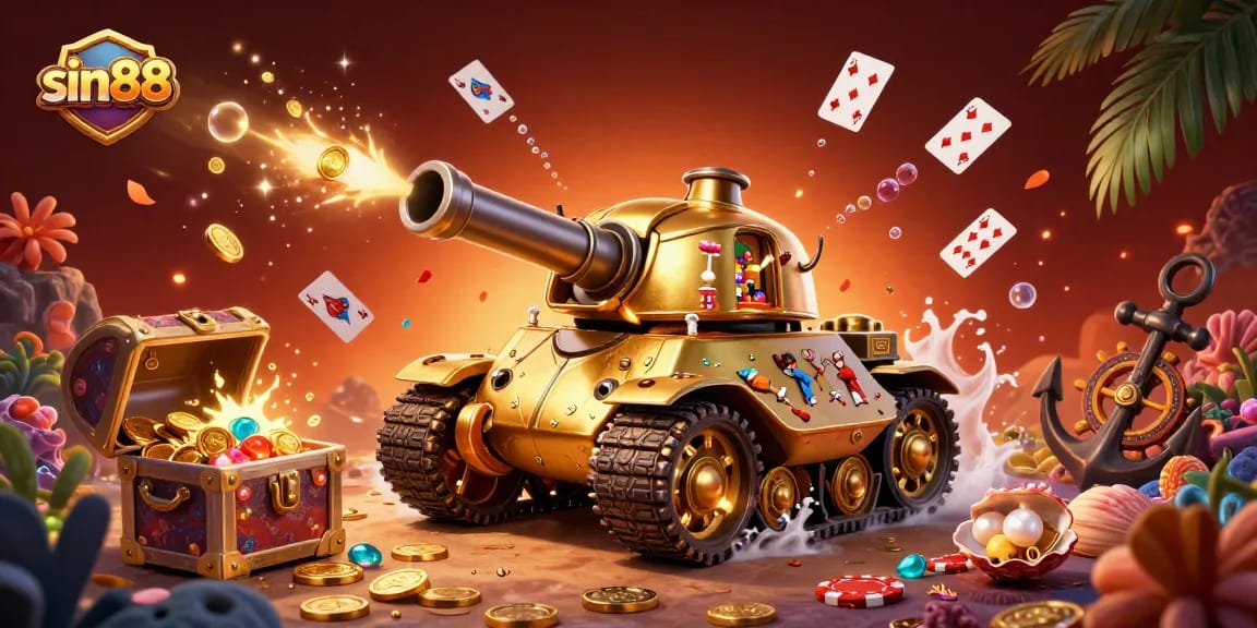 Experience thrilling gaming adventures at sin88's vibrant mini-casino within a golden tank.