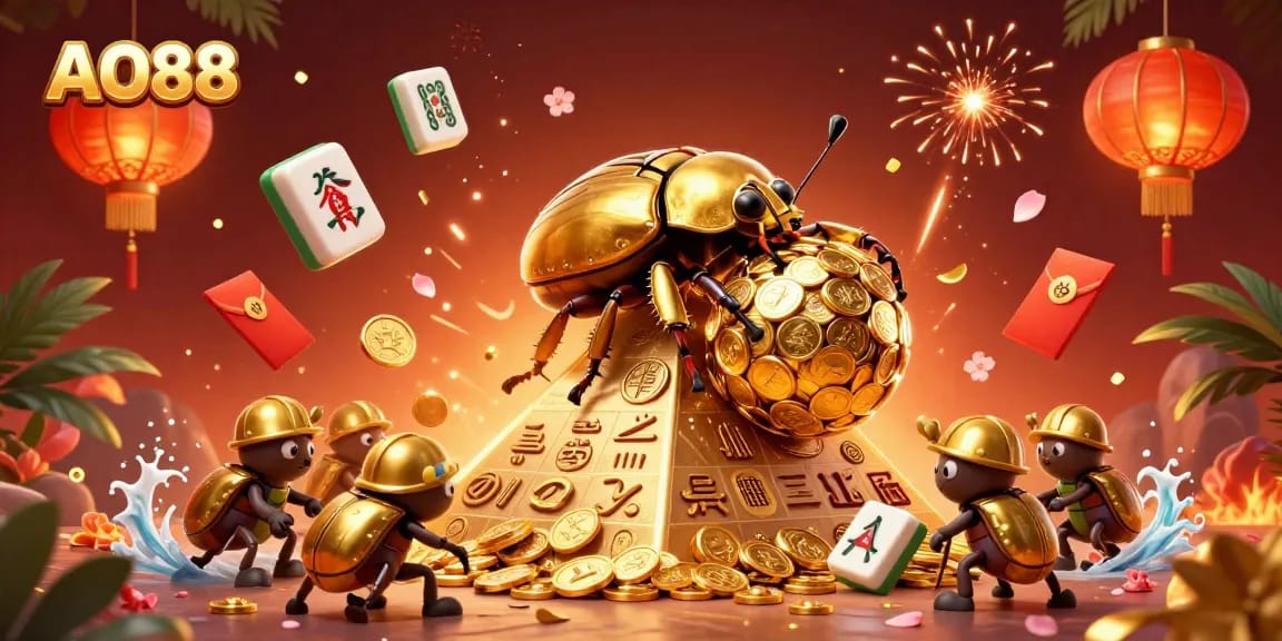 AO88 showcases an intense casino scene with golden beetles rolling coins amid festive decorations, symbolizing gaming excitement.