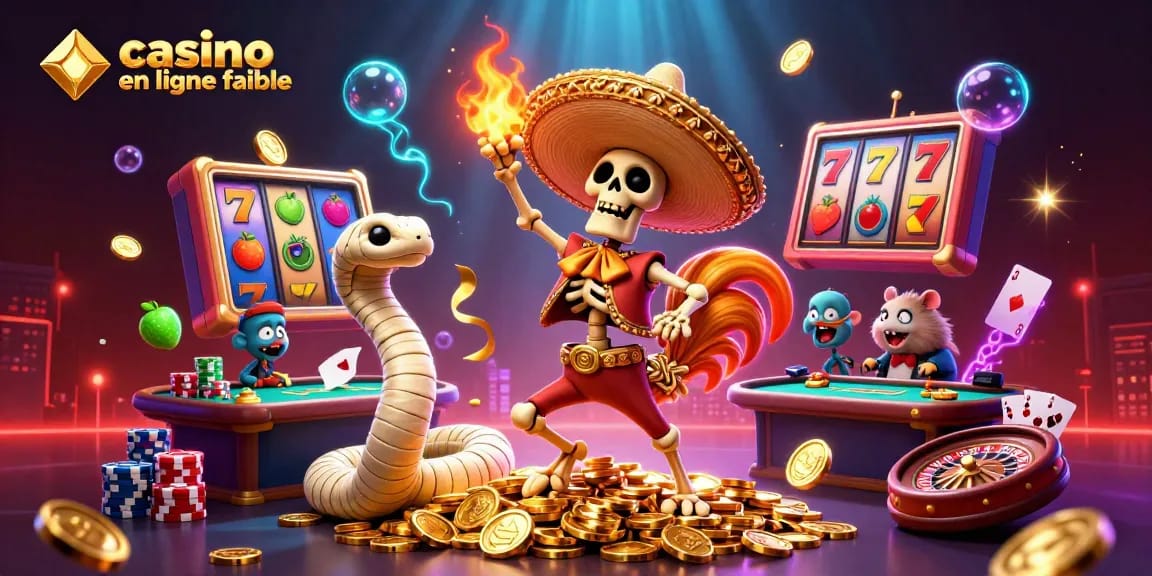 Illustration animée avec un mariachi en danse sur une pile de pièces d'or et des éléments de casino révélant la fiabilité du casino en ligne.