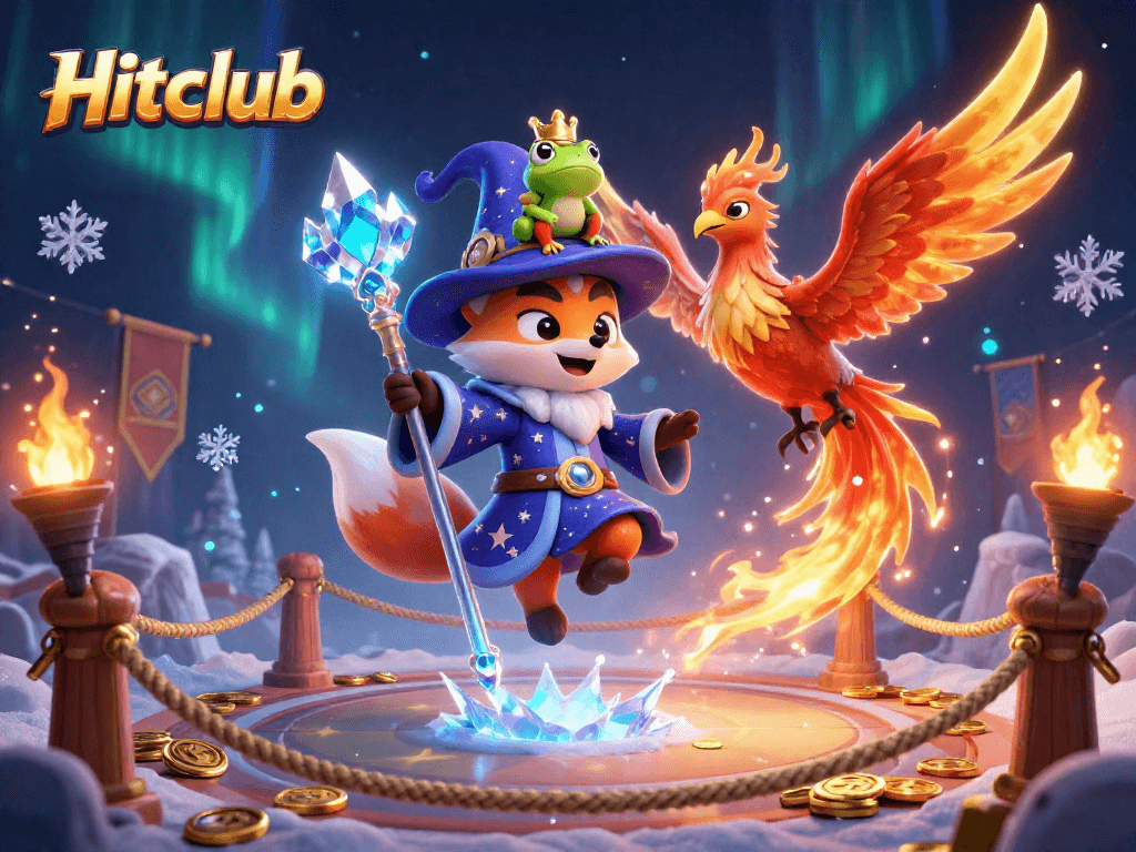 Hitclub gaming illustration featuring a wizard fox, phoenix, and enchanted frog among casino elements.