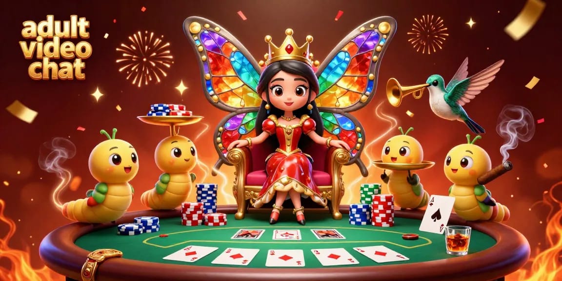 Engage in an adult video chat experience while surrounded by vibrant poker elements and enchanting characters.