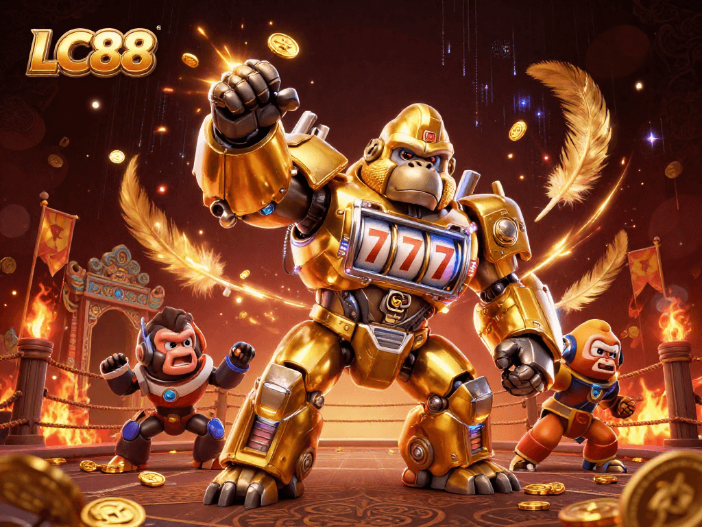 LC88 gaming scene with a golden gorilla mech and dynamic action elements in a casino-like environment.