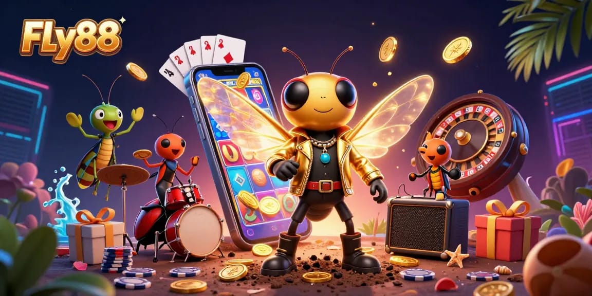 FLy88 showcases an exciting gambling scene filled with colorful slots and vibrant characters.