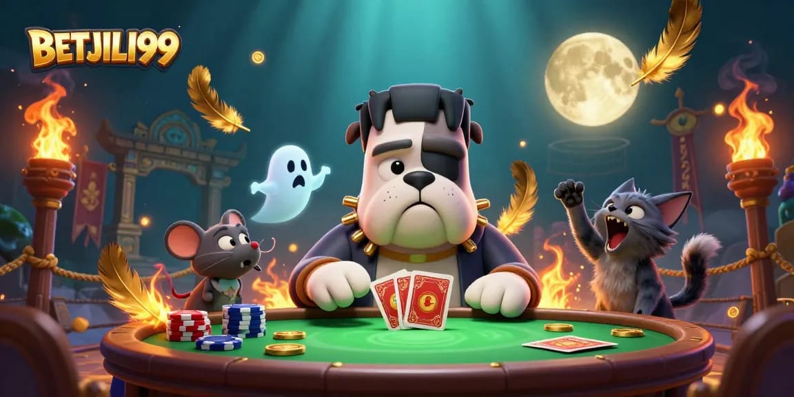 Engage with BETJILI99 at a lively casino scene featuring dynamic characters and rich casino elements.