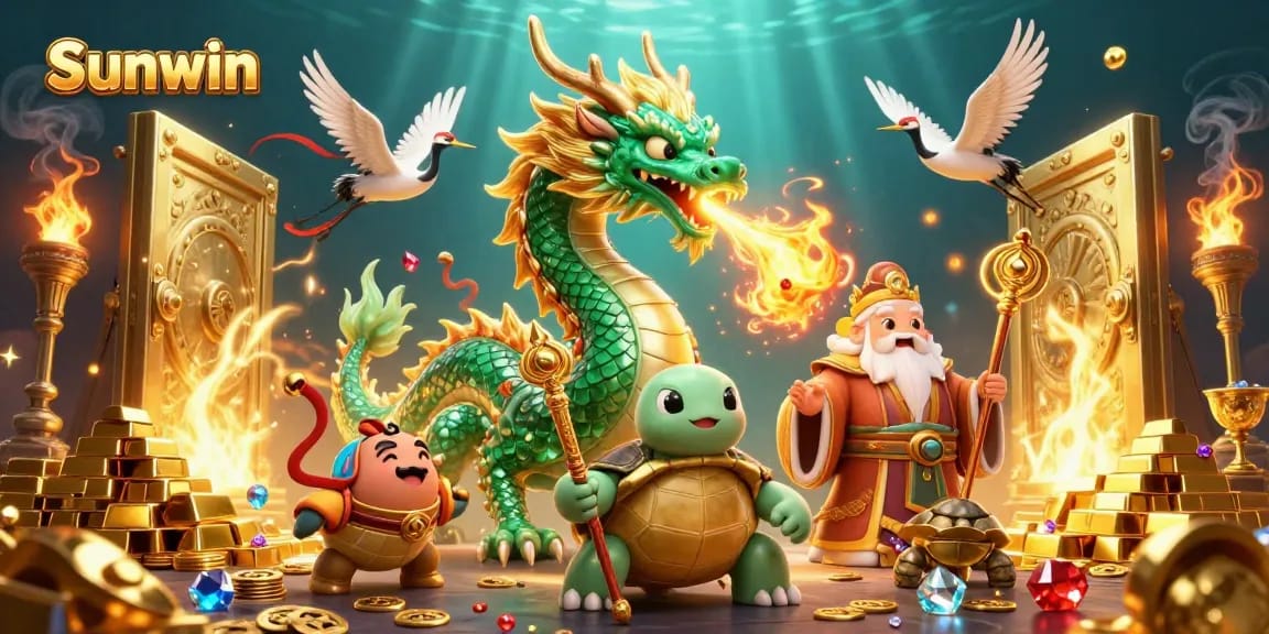 Experience thrilling Sunwin gaming adventures with a massive dragon and lucky cranes amidst shining treasures.