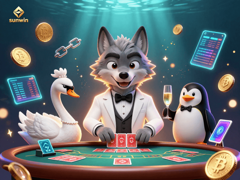 Experience elite gaming with sunwin: a debonair wolf, elegant swan, and penguin sommelier at a baccarat table.