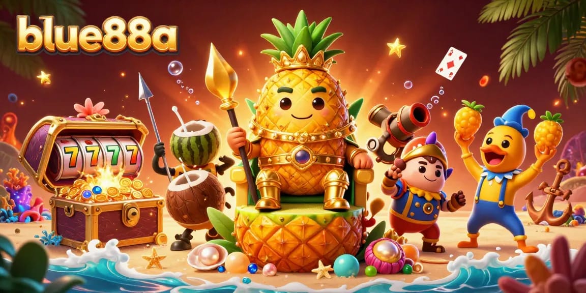 Engage in gaming excitement with blue88a, featuring a vibrant casino scene filled with characters and slots.