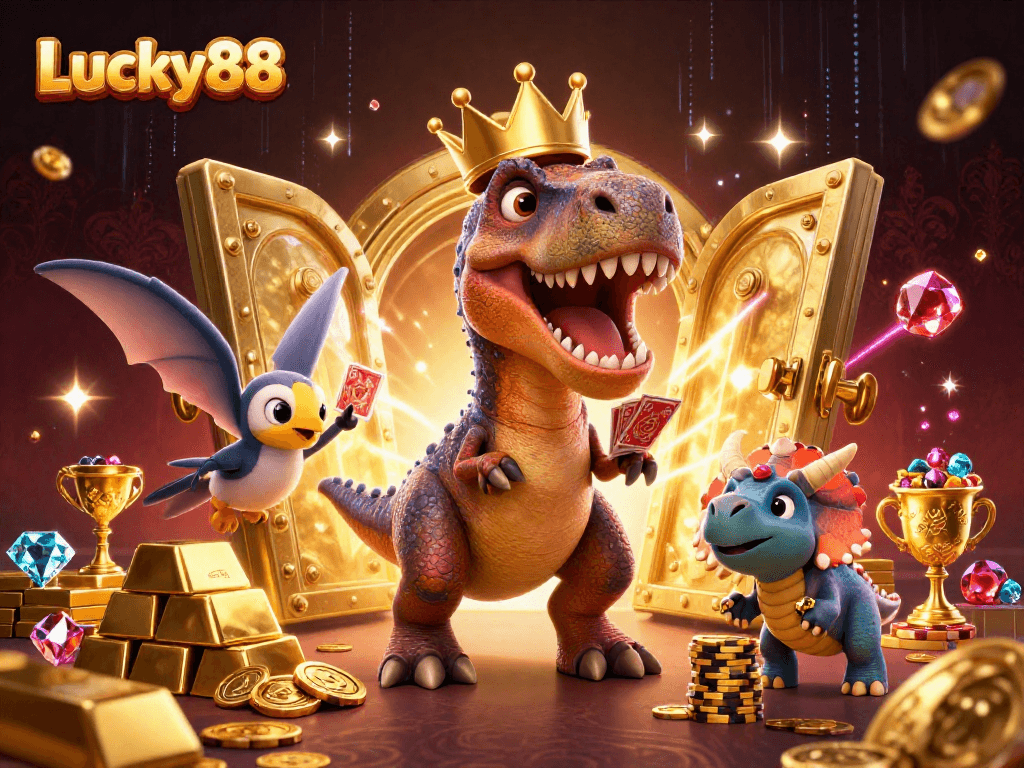 Experience the excitement of Lucky88 with card-shuffling dinosaurs and gold treasures.