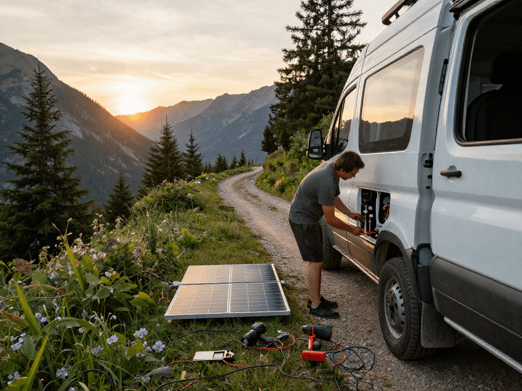 Exploring van electrics installation for rokok 88 in a scenic outdoor setting.